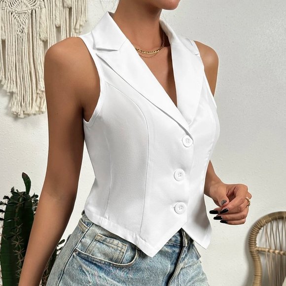 White Preppy Womens Lapel Collar Button Front Waistcoat - Picture 5 of 5